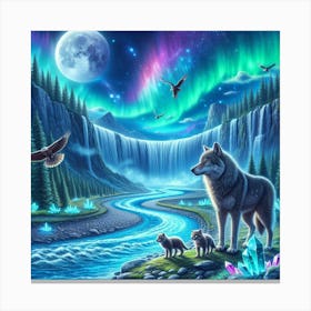 Wolf Family by Crystal Waterfall Under Full Moon and Aurora Borealis 2 Canvas Print