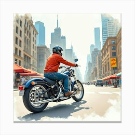 Chopper Bike In A Dynamic Cityscape Watercolor Art 1 Canvas Print