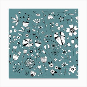 Black White and Teal Green Flower Drawings Canvas Print