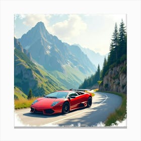 Lamborghini Reventón By A Watercolor Dramatic Mountain Pass 1 Canvas Print