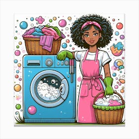 Cartoon African Woman With Washing Machine Canvas Print