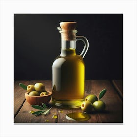 Olive Oil On Wooden Table Canvas Print