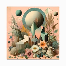 Botanical Illusions: A Geometric Wall Art with Pastel Colors and Vintage Photos Canvas Print