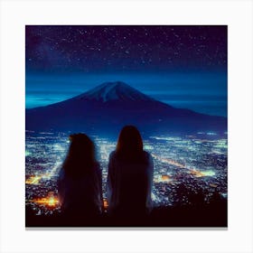 Two Girls Looking At Mt Fuji Canvas Print