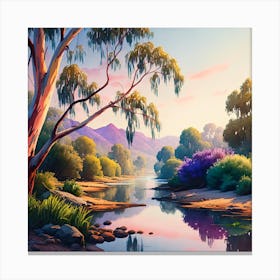 River With Trees And Mountains At Sunrise Or Sunset, Reflecting The Colors In The Water Canvas Print