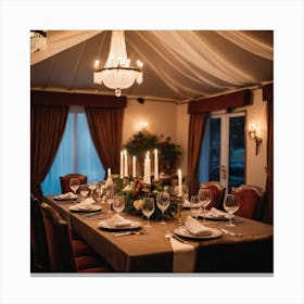 An Elegant Luxurious Tent Interior Features A Dining Table Set For A Meal With Curtains And Fireplace Creating A Cozy Atmosphere 1 Canvas Print