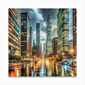 A cityscape at night with tall buildings and heavy rain with dramatic scenes. Canvas Print