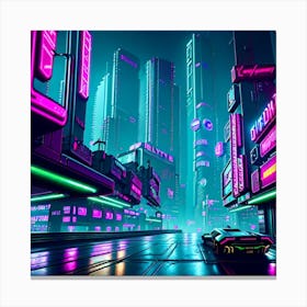 Cyberpunk 2077 , cyborg , neon glass , roads , neon signs , bloom, city view Canvas Print