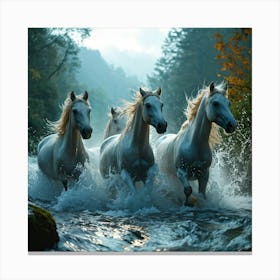 Transparent Quartet Of Water Horses Cresting A Colossal Wave In A Wild Stream Mid Gallop Splash A Canvas Print