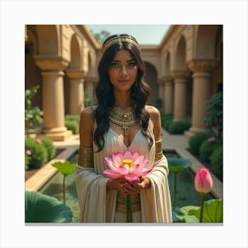 Beautiful Egyptian Goddess Holding Lotus Flowers In A Serene Temple Garden Canvas Print