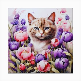 Cat In Violet Tulips Canvas Print