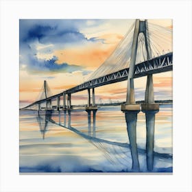 Accurate drawing and description. Sunset over the Arthur Ravenel Jr. Bridge in Charleston. Blue water and sunset reflections on the water. Watercolor.4 Canvas Print