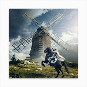 Knight On Horseback In Front Of Windmill Canvas Print