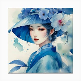 Chinese Woman In Blue Hat Canvas Print