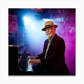 Elderly Male Pianist With Neon Burgundy Beige And Cream Hues Playing Soulfully In A Smoky Dimly L 1 Canvas Print