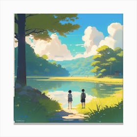Two People Walking By A Lake Canvas Print