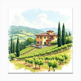 Elegant Watercolor Of A Tuscan Villa Surrounded By Vineyards And Rolling Hills 1 Canvas Print