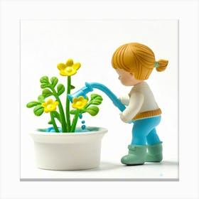 Little Girl Watering Flowers Canvas Print