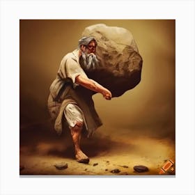 In Ancient Time Old Peasant Pushing Rock From A Dirt Roadwy Canvas Print