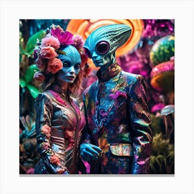 Extraterrestrial Botanists Explore An Alien World Dressed In Eccentric Fashion That Blends Seamlessly With The Vibrant Flora Canvas Print