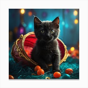 Cute Black Kitten In Basket Canvas Print