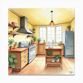 Inviting Kitchen Watercolor Painting, Warm, Cheerful Tones 1 Canvas Print