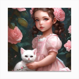 Little Girl With Pink Roses Canvas Print