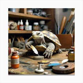 Tortoise Attaching The Feathers To His Shell Using The Special Glue Canvas Print