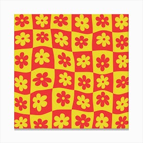 Warped Checkered Red and Yellow Retro Flowers Canvas Print