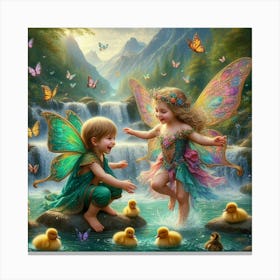 Fairy children playing with duckling  Canvas Print