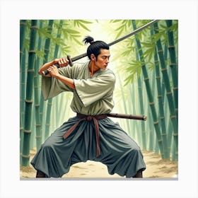 Portrait Of A Japanese Man Practicing Swordsmanship In A Bamboo Forest, Focused Expression, Watercolor Canvas Print