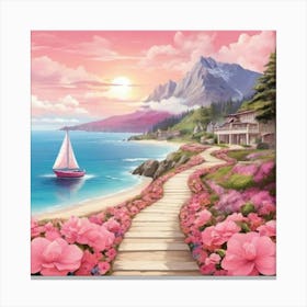 Pink Flowers On The Beach 3 Canvas Print