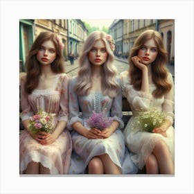 Three Beautiful Girls Sitting On A Bench 1 Canvas Print