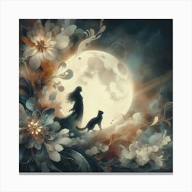 Cat And The Girl silhouette in the moonlight 1 Canvas Print