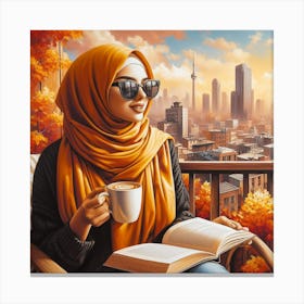 Autumn Vibes: A Realistic Painting of a Woman with Hijab and Coffee Canvas Print