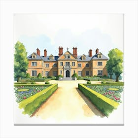 Watercolor Illustration Of The Petworth House In West Sussex, Featuring Its Grand Architecture And Extensive Gardens Canvas Print