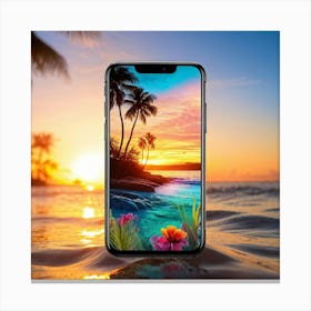 Smartphone Morphing Creature Displaying Tropical And Aquatic Colors Emerging From The Device Belo Canvas Print