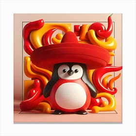 A Sizzling Penguin With A Velvet Sombrero, Inspired By The Playful Sculptures Of Claes Oldenburg, With A Spicy Red And Yellow Palette, Where The Penguin Is In Focus And The Background Is Blurred Into Abstract Shapes 2 Canvas Print