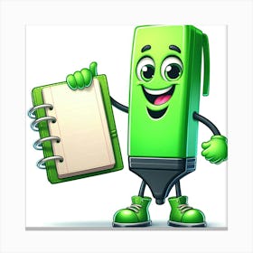 Green Pencil Mascot Holding Notebook Canvas Print