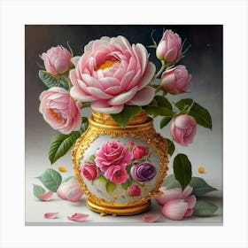 Antique fuchsia jar filled with purple roses, willow and camellia flowers 4 Canvas Print