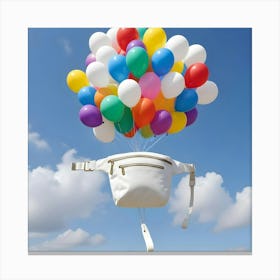 A White Fanny Pack Suspended In The Air, Lifted By A Cluster Of Colorful Balloons Against A Blue Sky With Fluffy Clouds Canvas Print