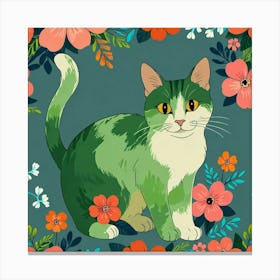 Green Cat In Floral Frame Canvas Print