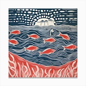 Linocut 'Fish In The Sea' 1 Canvas Print