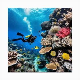 Underwater photography of a coral reef, with diverse marine life and a scuba diver for scale Canvas Print