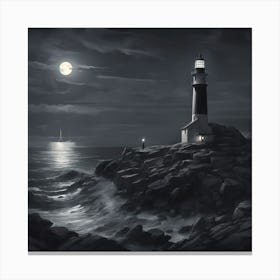 A Picturesque Lighthouse Standing Tall On A Rocky Coastline, Guiding Ships At Night Canvas Print