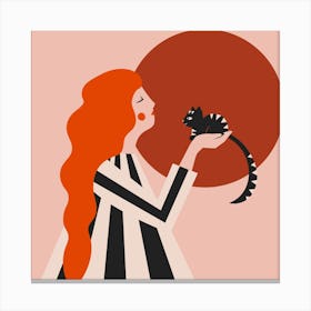 Redhead And Kitten Square Canvas Print