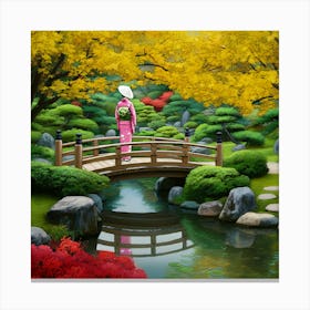 A Beautifully Detailed Illustration Of A Japanese Garden, Showcasing Lush Greenery, Tranquil Water Features, And Elegant Pathways Canvas Print