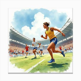 Dynamic Sports Event In Watercolor, With Athletes And Cheering Crowds Canvas Print