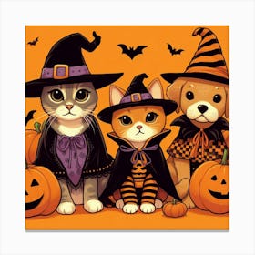 Halloween Cats And Witches Canvas Print