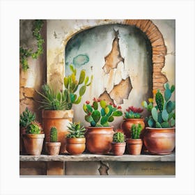 Watercolor painting of an old, weathered wall with cracked stone and peeling paint. The background features various sizes and shapes of terracotta pots on the shelf below. Each pot is filled with vibrant cacti or succulents, Canvas Print